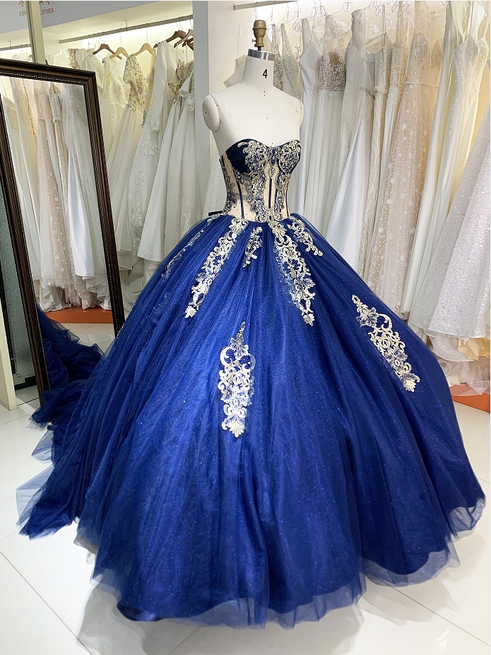 New dark blue quinceanera dresses gold embroidery elegant for woman