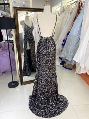 2025 New style elegant V-neck sequins contrast color zipper back women's evening dress slim left leg slit dress