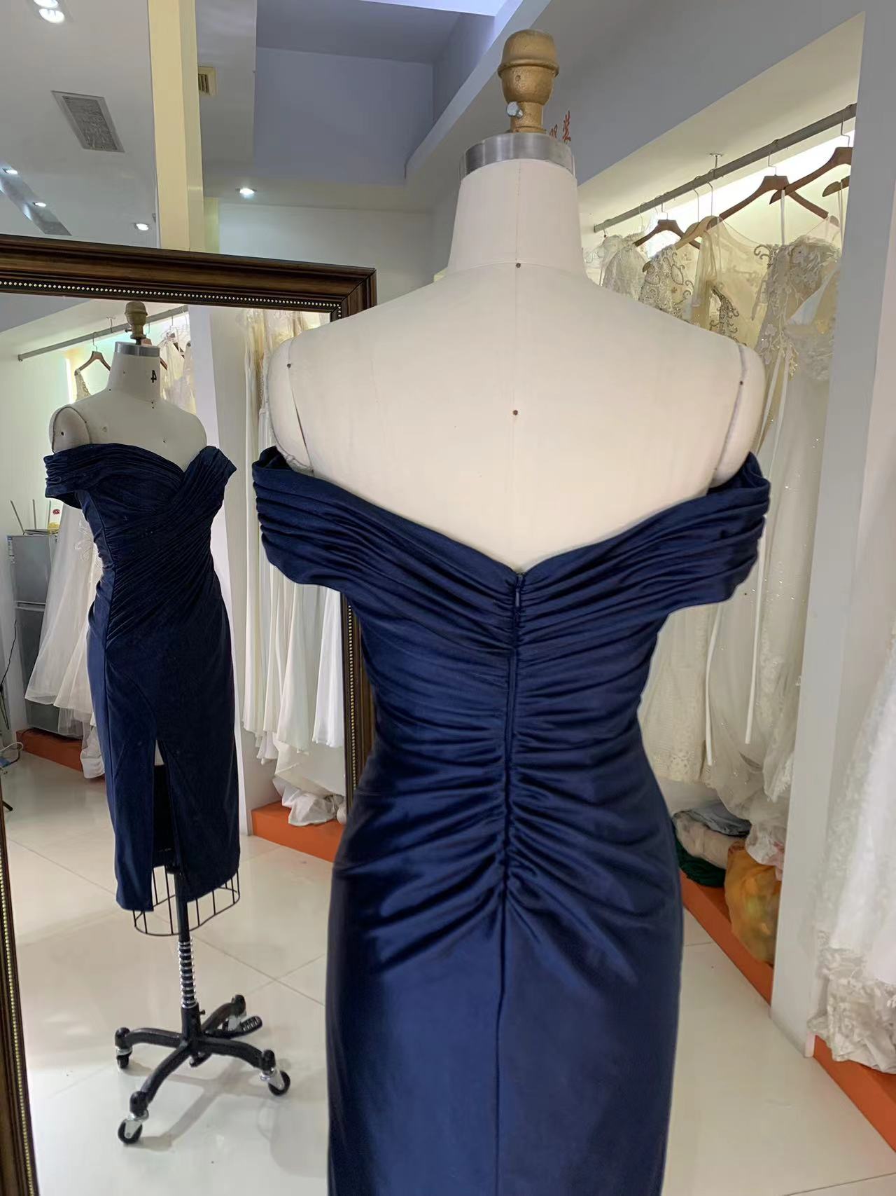 2025 New style elegant pleat off shoulder navy slim for ladies party homecoming dress for women