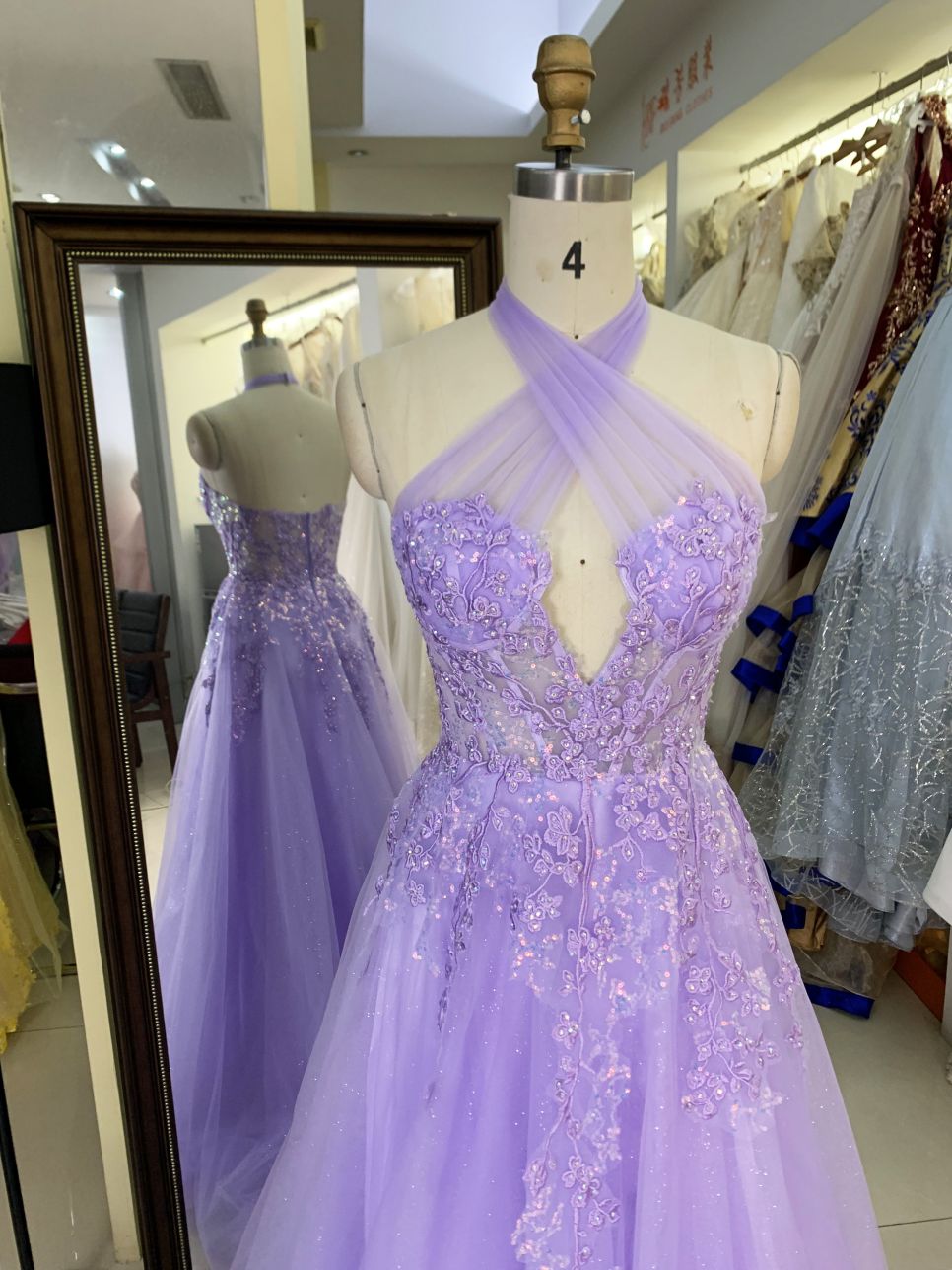 Lilac halter cross neck corset sleeveless 3D embroidery sparkle tulle zipper up back A line tulle formal princess prom dresses