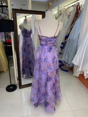 Flower strapless pleat printed organza purple wholesale long gowns evening prom dress for women 2025