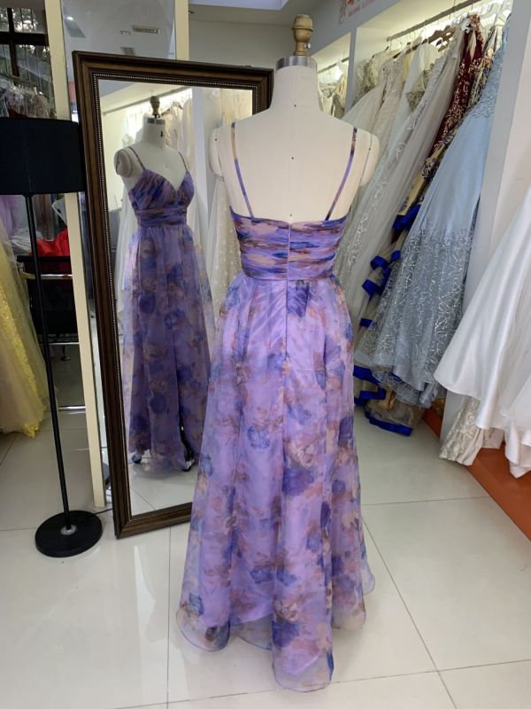 Flower strapless pleat printed organza purple wholesale long gowns evening prom dress for women 2025