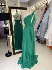 New one shoulder beading pleat chiffon wholesale green long gown evening dress for women prom 2025