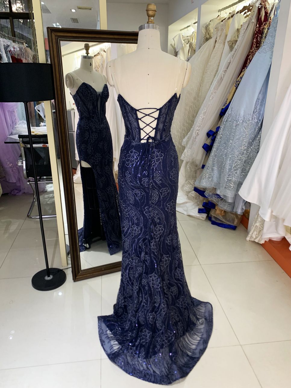 V-neck new boning navy embroidery luxurious lace up gown evening elegant prom dresses for women 2025