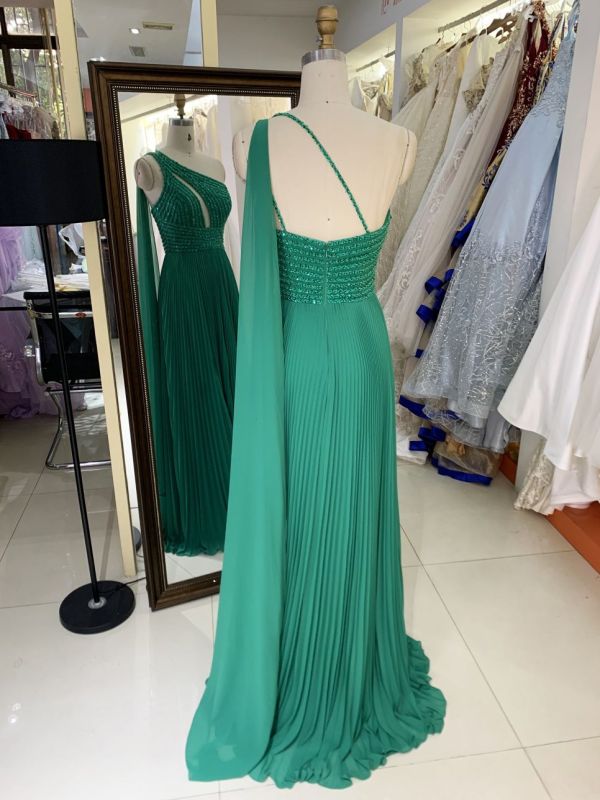 New one shoulder beading pleat chiffon wholesale green long gown evening dress for women prom 2025