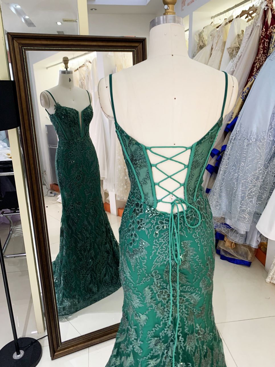 Women wholesale shiny v neck boning sparkly emerald green dress prom elegant long mermaid formal evening 2025