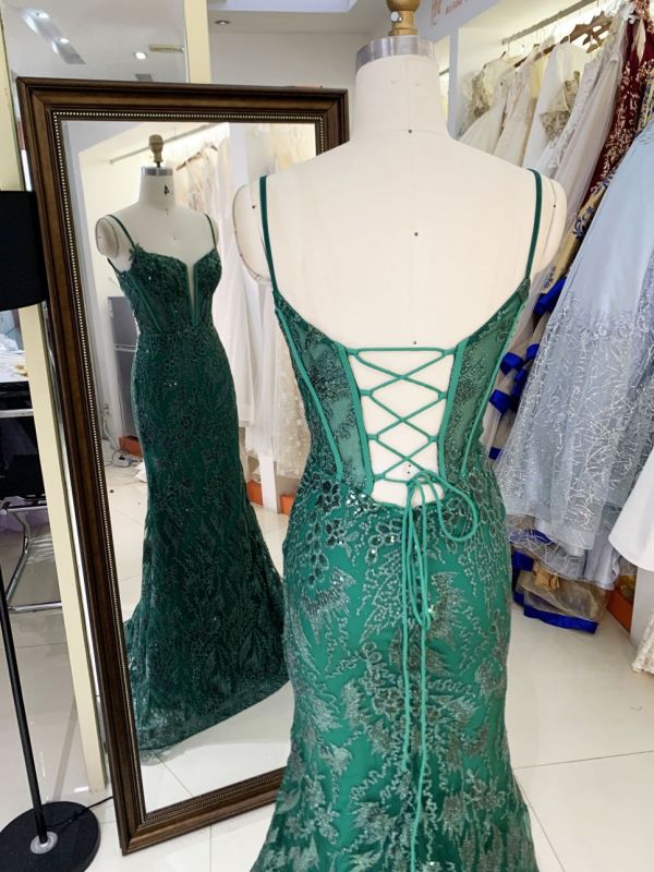 Women wholesale shiny v neck boning sparkly emerald green dress prom elegant long mermaid formal evening 2025