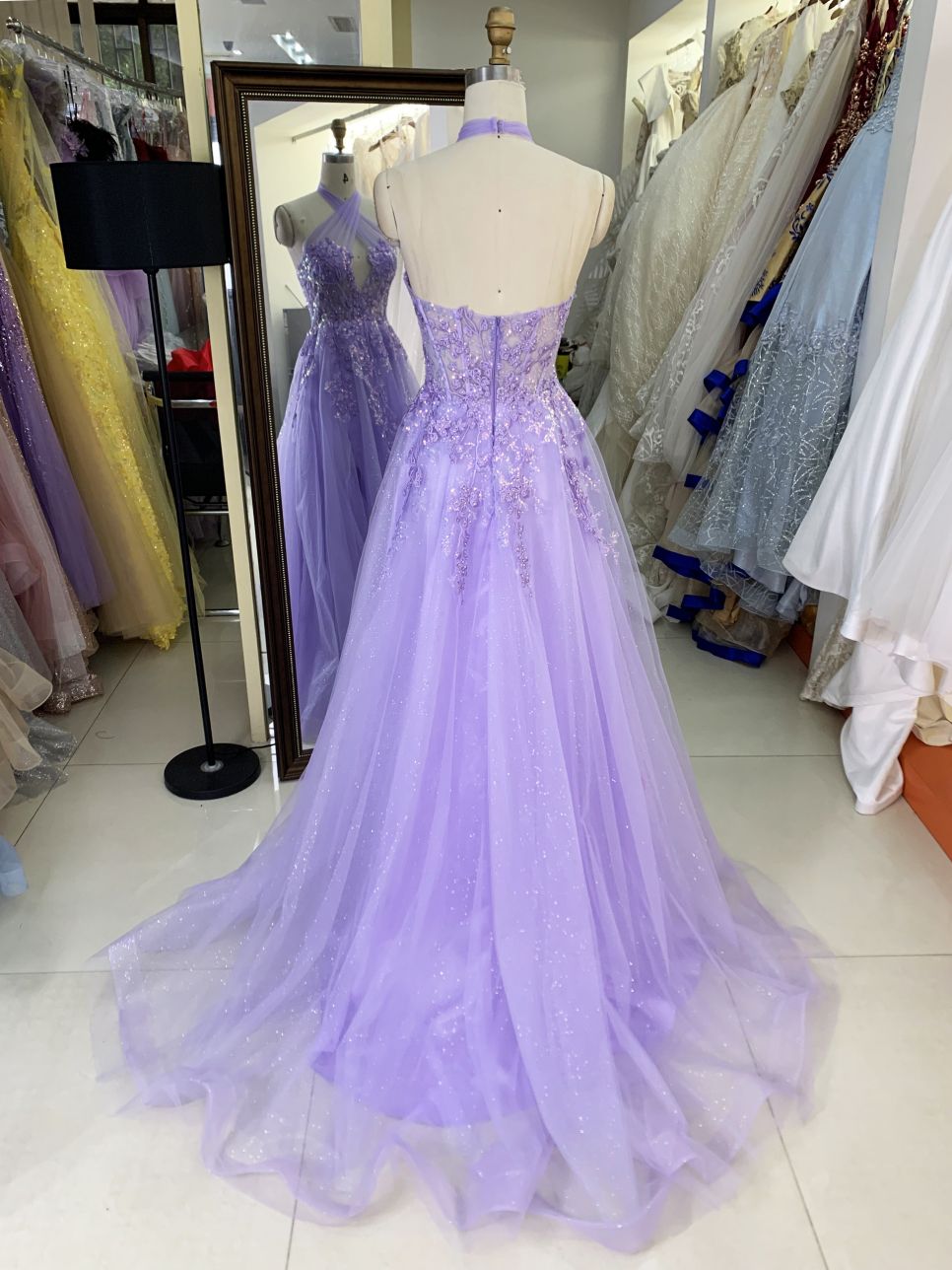 Lilac halter cross neck corset sleeveless 3D embroidery sparkle tulle zipper up back A line tulle formal princess prom dresses