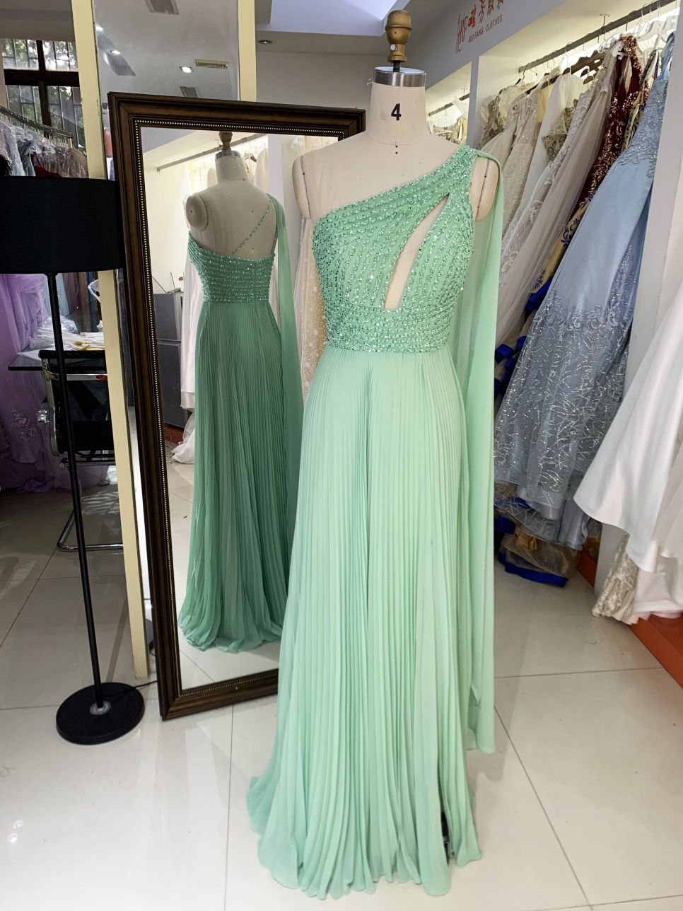 New one shoulder beading pleat chiffon wholesale green long gown evening dress for women prom 2025