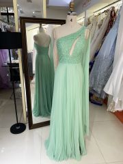 New one shoulder beading pleat chiffon wholesale green long gown evening dress for women prom 2025