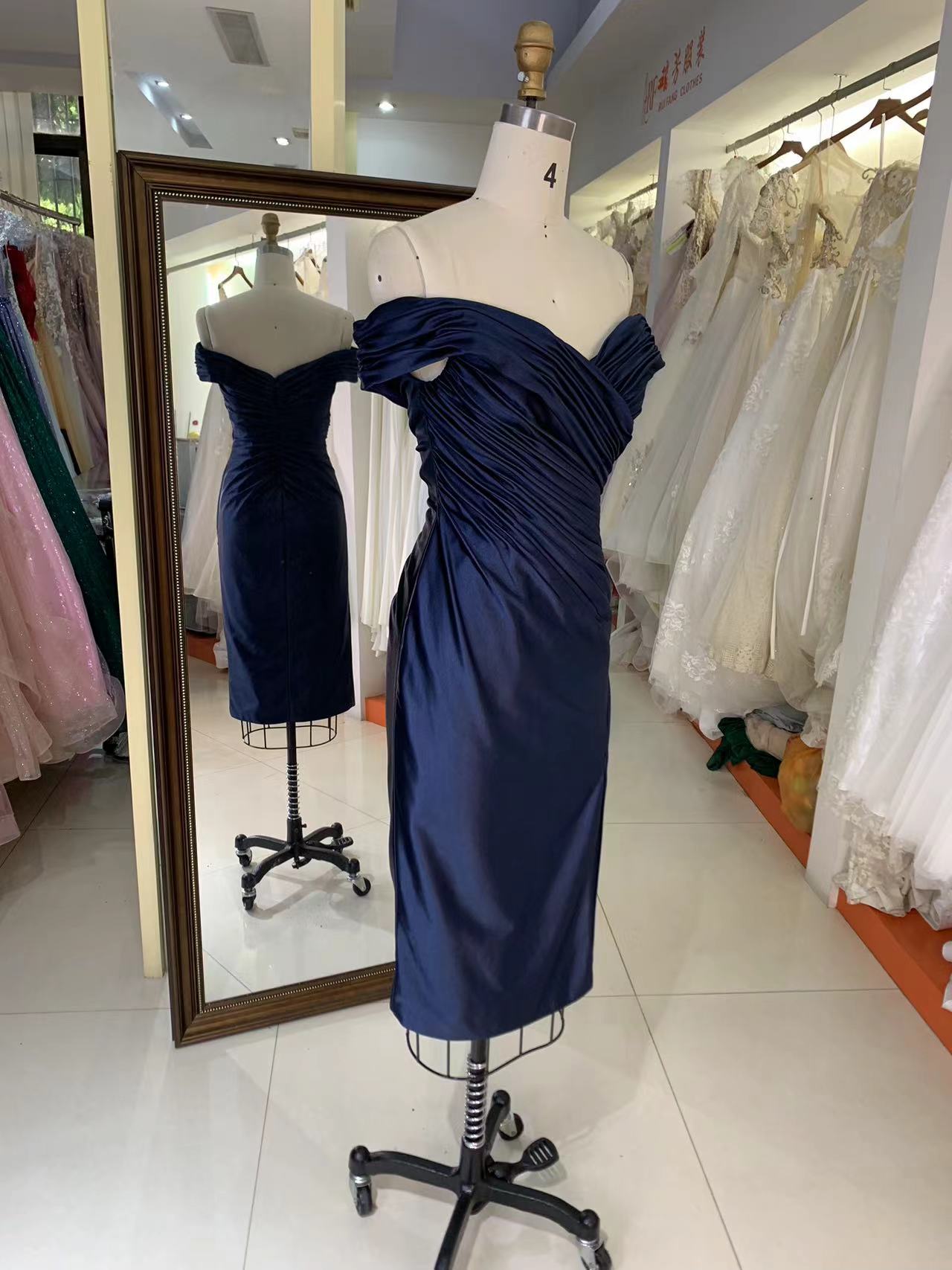 2025 New style elegant pleat off shoulder navy slim for ladies party homecoming dress for women