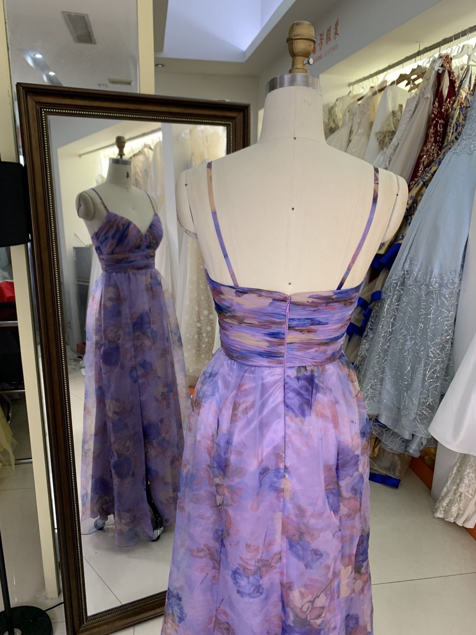 Flower strapless pleat printed organza purple wholesale long gowns evening prom dress for women 2025