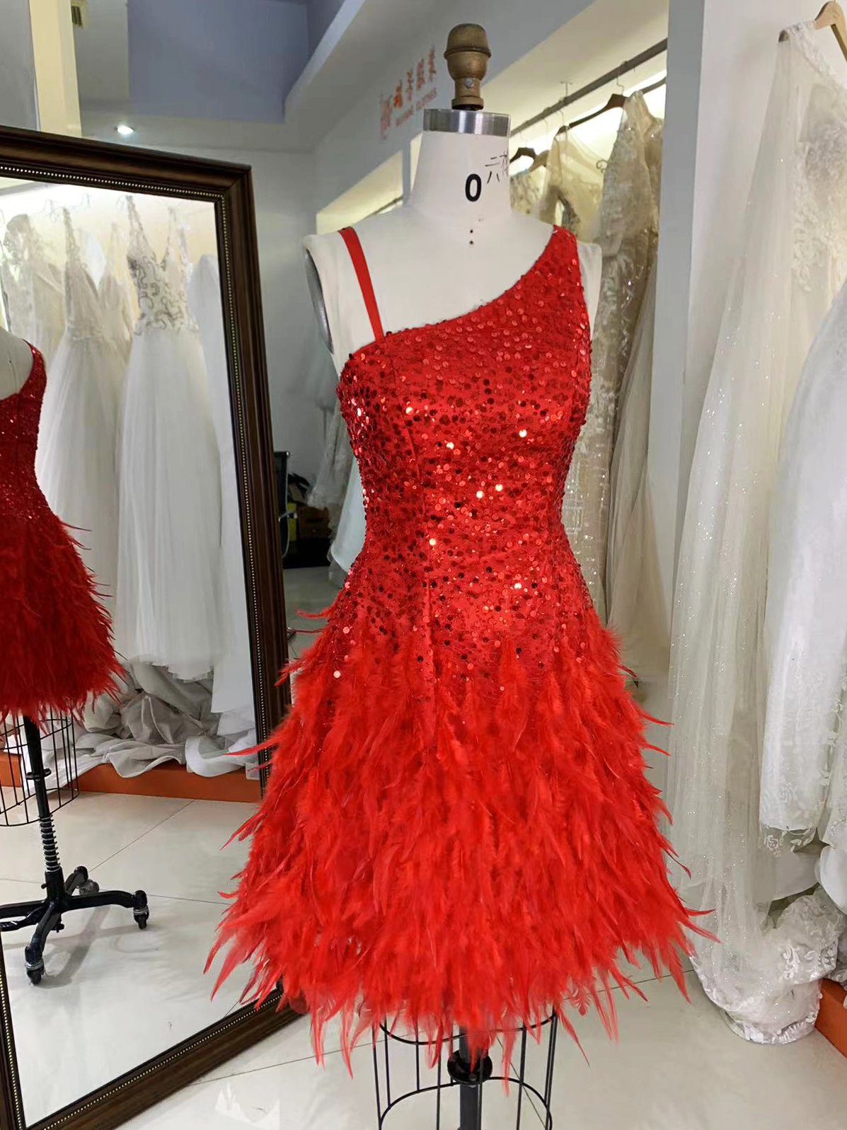 Red zipper up back one shoulder sequin feather A line homecoming short evening party dresses women