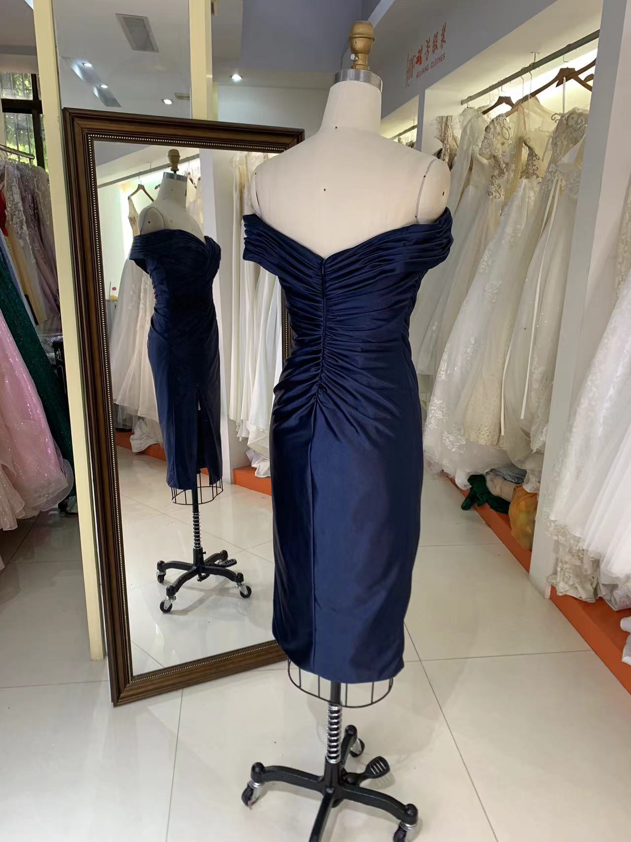 2025 New style elegant pleat off shoulder navy slim for ladies party homecoming dress for women