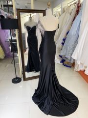 New elegant used silver beading tassel satin black wholesale long gowns evening prom dress 2025