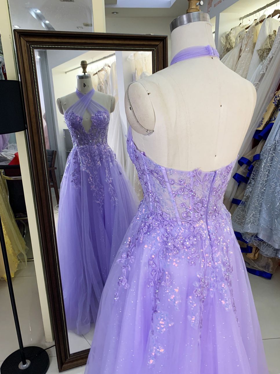 Lilac halter cross neck corset sleeveless 3D embroidery sparkle tulle zipper up back A line tulle formal princess prom dresses