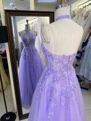 Lilac halter cross neck corset sleeveless 3D embroidery sparkle tulle zipper up back A line tulle formal princess prom dresses