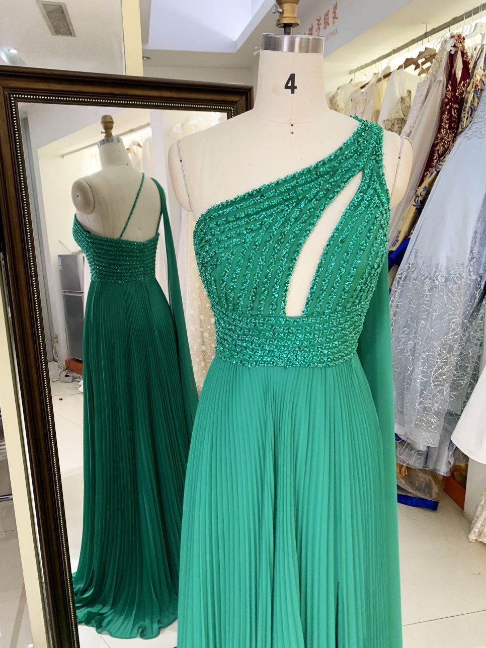New one shoulder beading pleat chiffon wholesale green long gown evening dress for women prom 2025