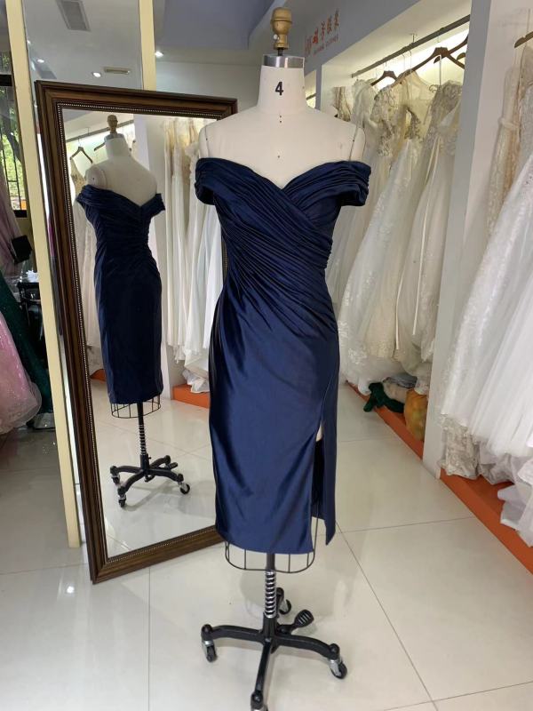 2025 New style elegant pleat off shoulder navy slim for ladies party homecoming dress for women