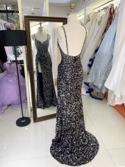2025 New style elegant V-neck sequins contrast color zipper back women's evening dress slim left leg slit dress