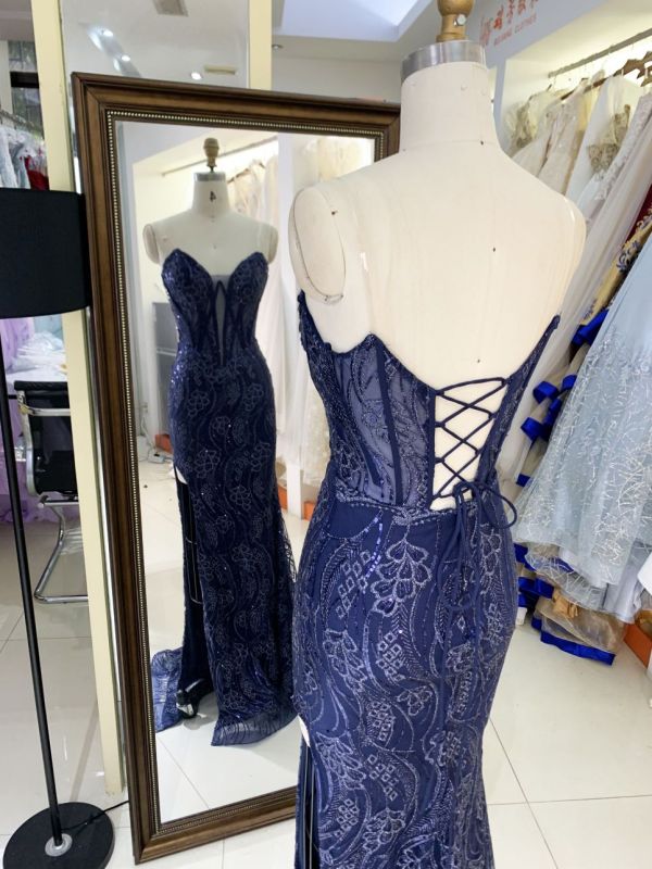 V-neck new boning navy embroidery luxurious lace up gown evening elegant prom dresses for women 2025