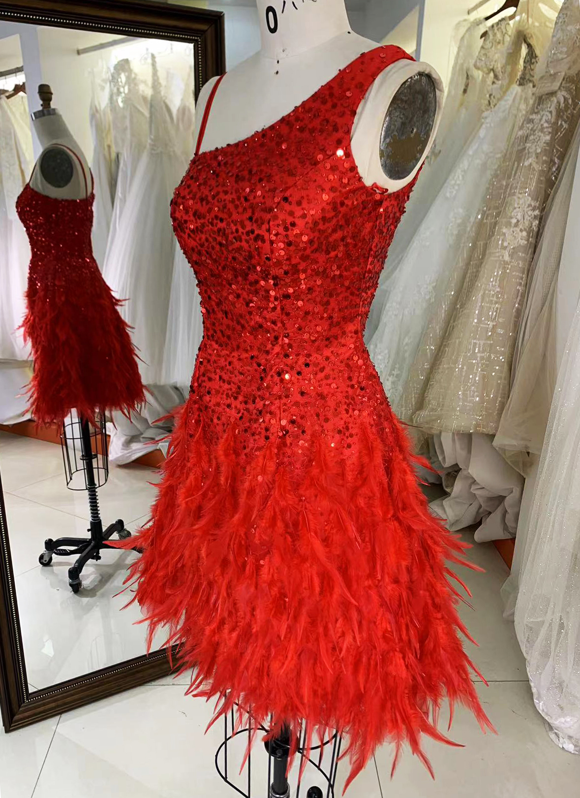 Red zipper up back one shoulder sequin feather A line homecoming short evening party dresses women