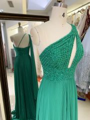 New one shoulder beading pleat chiffon wholesale green long gown evening dress for women prom 2025