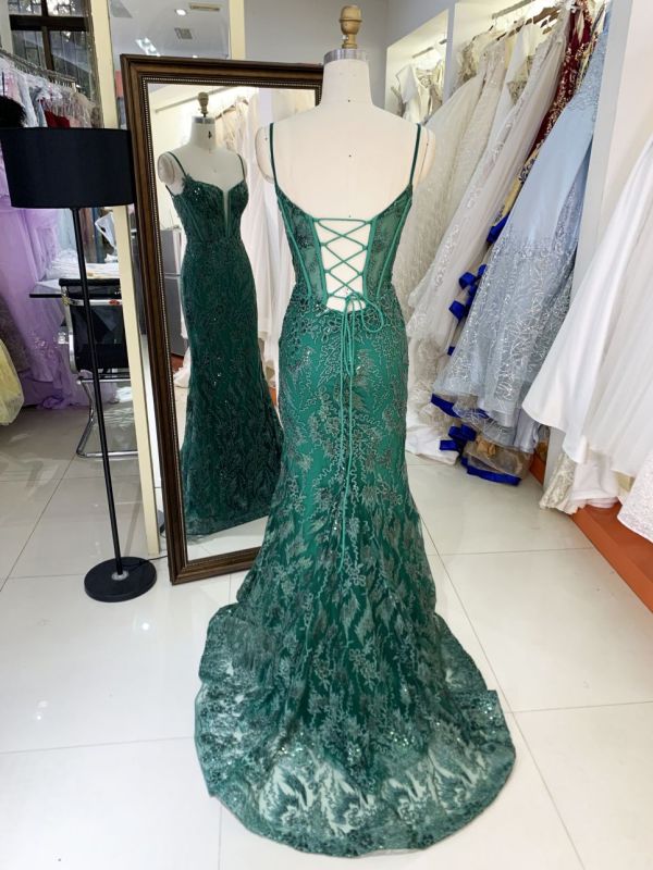 Women wholesale shiny v neck boning sparkly emerald green dress prom elegant long mermaid formal evening 2025