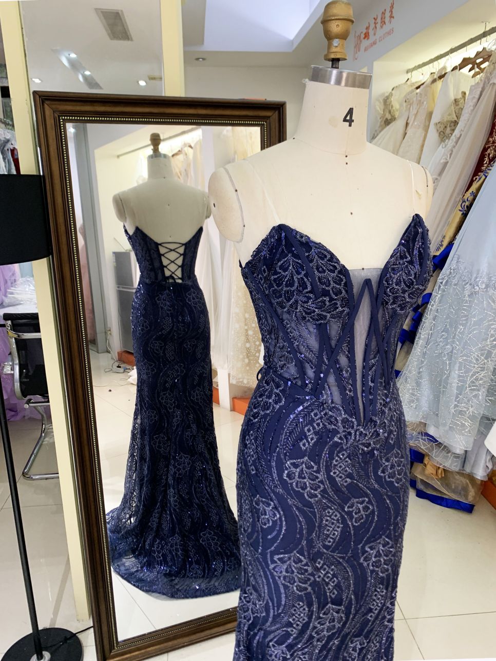 V-neck new boning navy embroidery luxurious lace up gown evening elegant prom dresses for women 2025