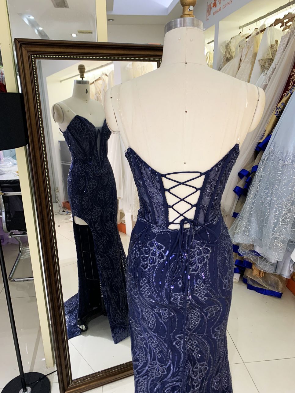 V-neck new boning navy embroidery luxurious lace up gown evening elegant prom dresses for women 2025