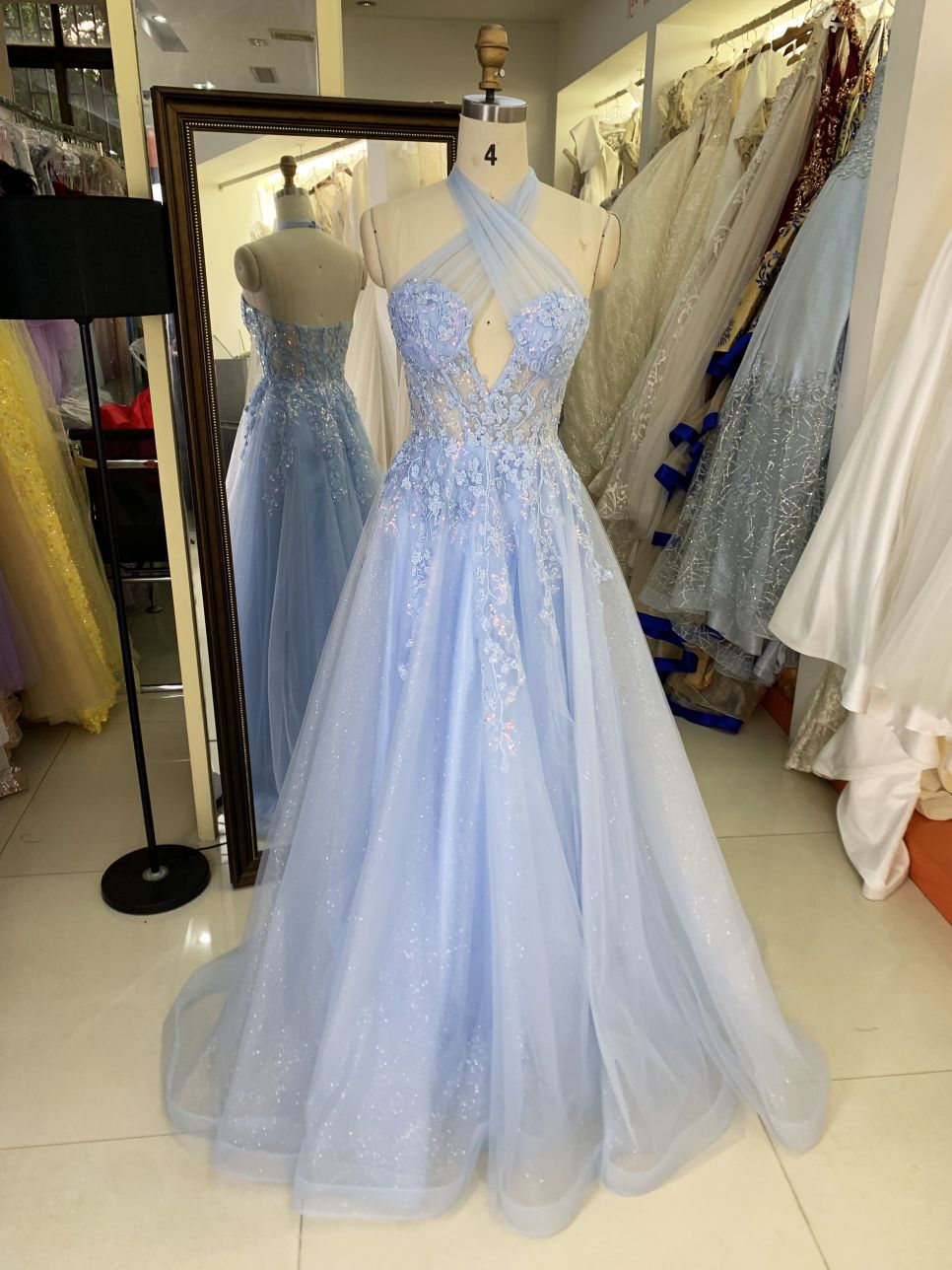 Lilac halter cross neck corset sleeveless 3D embroidery sparkle tulle zipper up back A line tulle formal princess prom dresses