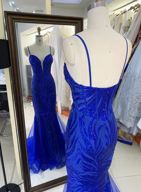 Women wholesale sequin royal blue slim V-neck plus size sparkly evening night prom dresses for girl 2025