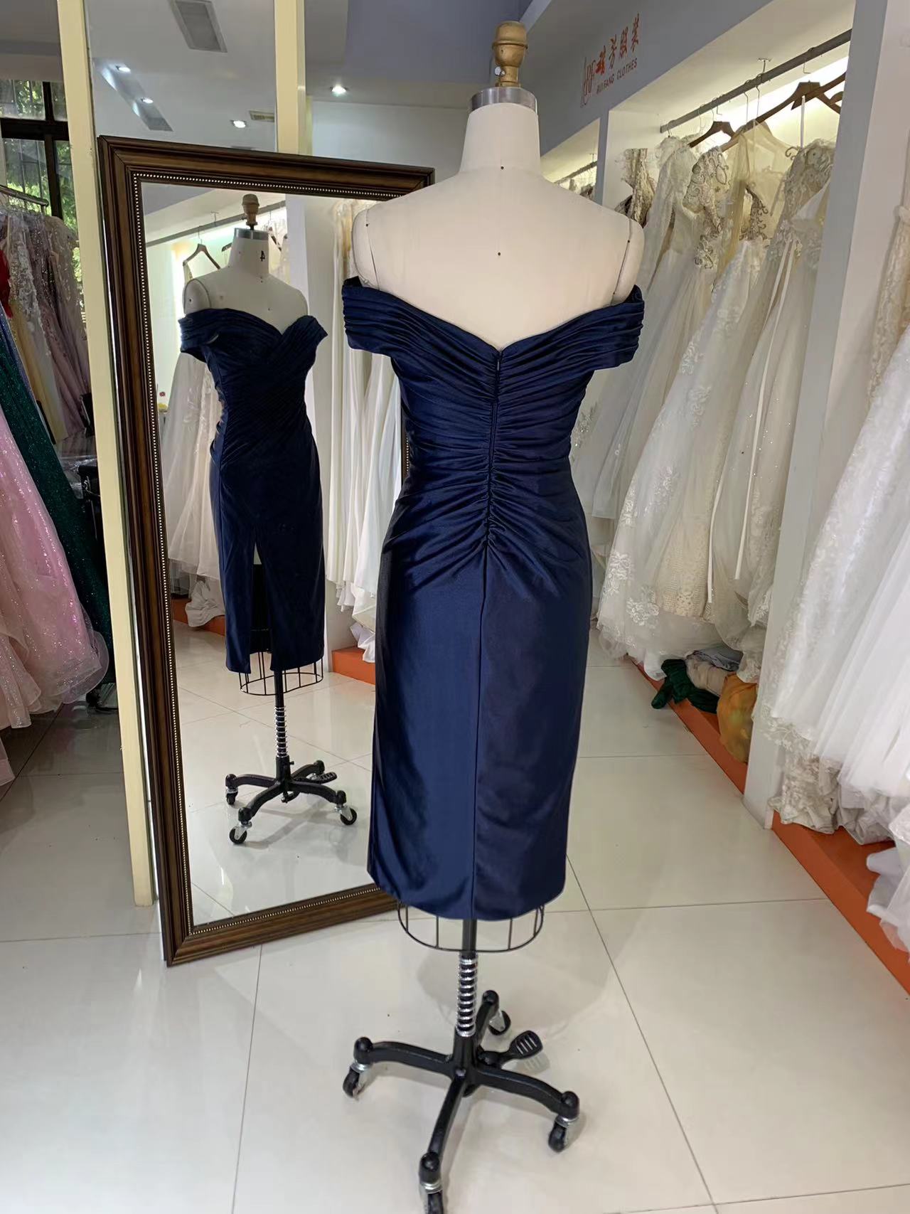 2025 New style elegant pleat off shoulder navy slim for ladies party homecoming dress for women