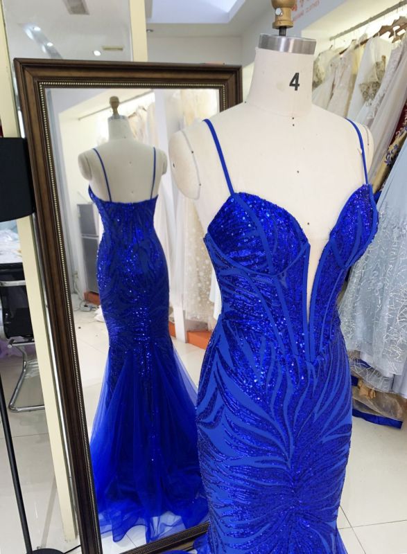 Women wholesale sequin royal blue slim V-neck plus size sparkly evening night prom dresses for girl 2025