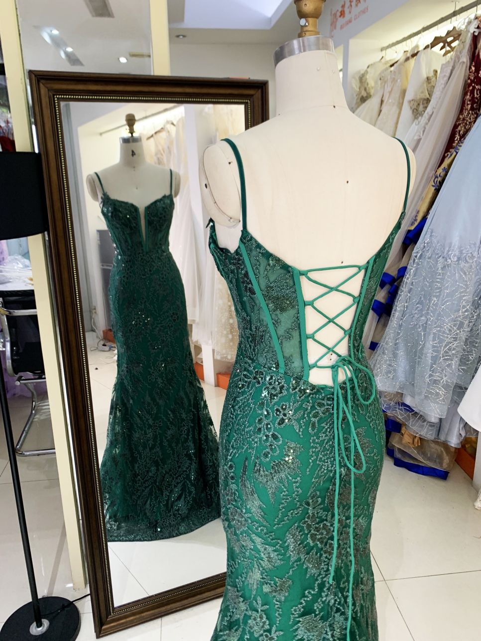 Women wholesale shiny v neck boning sparkly emerald green dress prom elegant long mermaid formal evening 2025