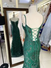 Women wholesale shiny v neck boning sparkly emerald green dress prom elegant long mermaid formal evening 2025