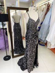 2025 New style elegant V-neck sequins contrast color zipper back women's evening dress slim left leg slit dress