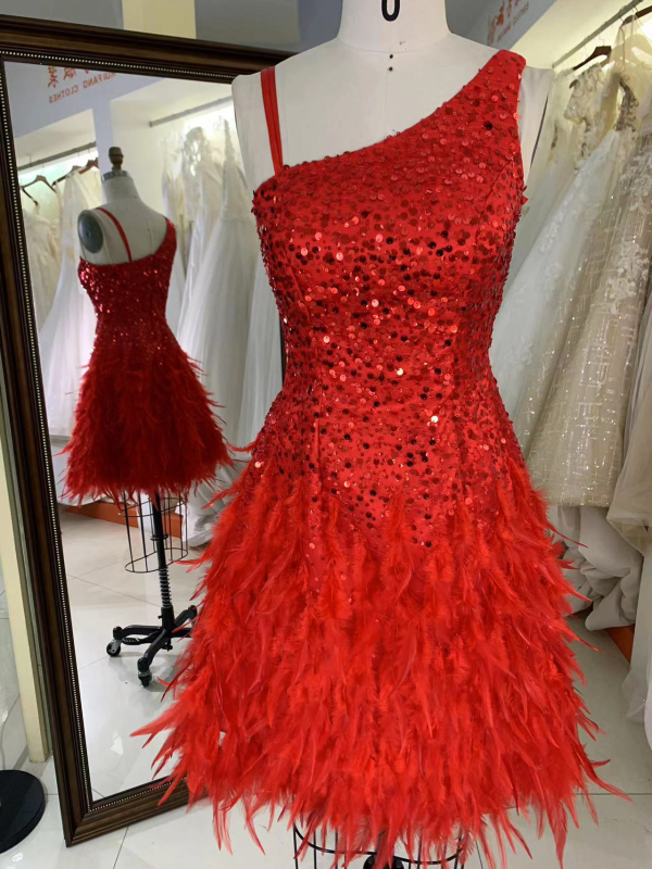 Red zipper up back one shoulder sequin feather A line homecoming short evening party dresses women