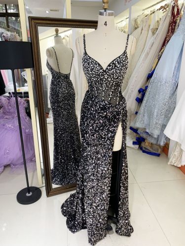 2025 New style elegant V-neck sequins contrast color zipper back women's evening dress slim left leg slit dress