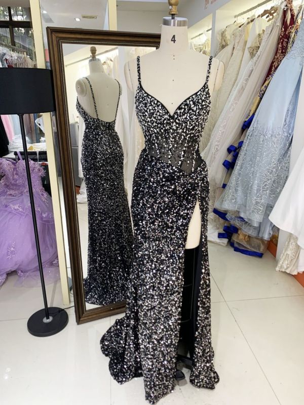 2025 New style elegant V-neck sequins contrast color zipper back women's evening dress slim left leg slit dress