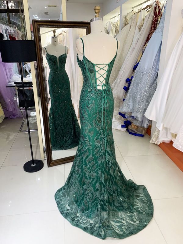 Women wholesale shiny v neck boning sparkly emerald green dress prom elegant long mermaid formal evening 2025