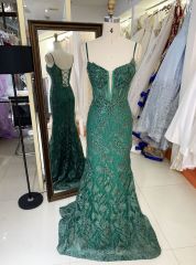 Women wholesale shiny v neck boning sparkly emerald green dress prom elegant long mermaid formal evening 2025
