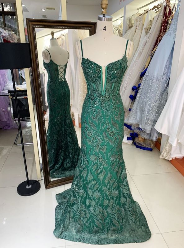 Women wholesale shiny v neck boning sparkly emerald green dress prom elegant long mermaid formal evening 2025