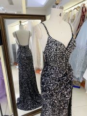 2025 New style elegant V-neck sequins contrast color zipper back women's evening dress slim left leg slit dress