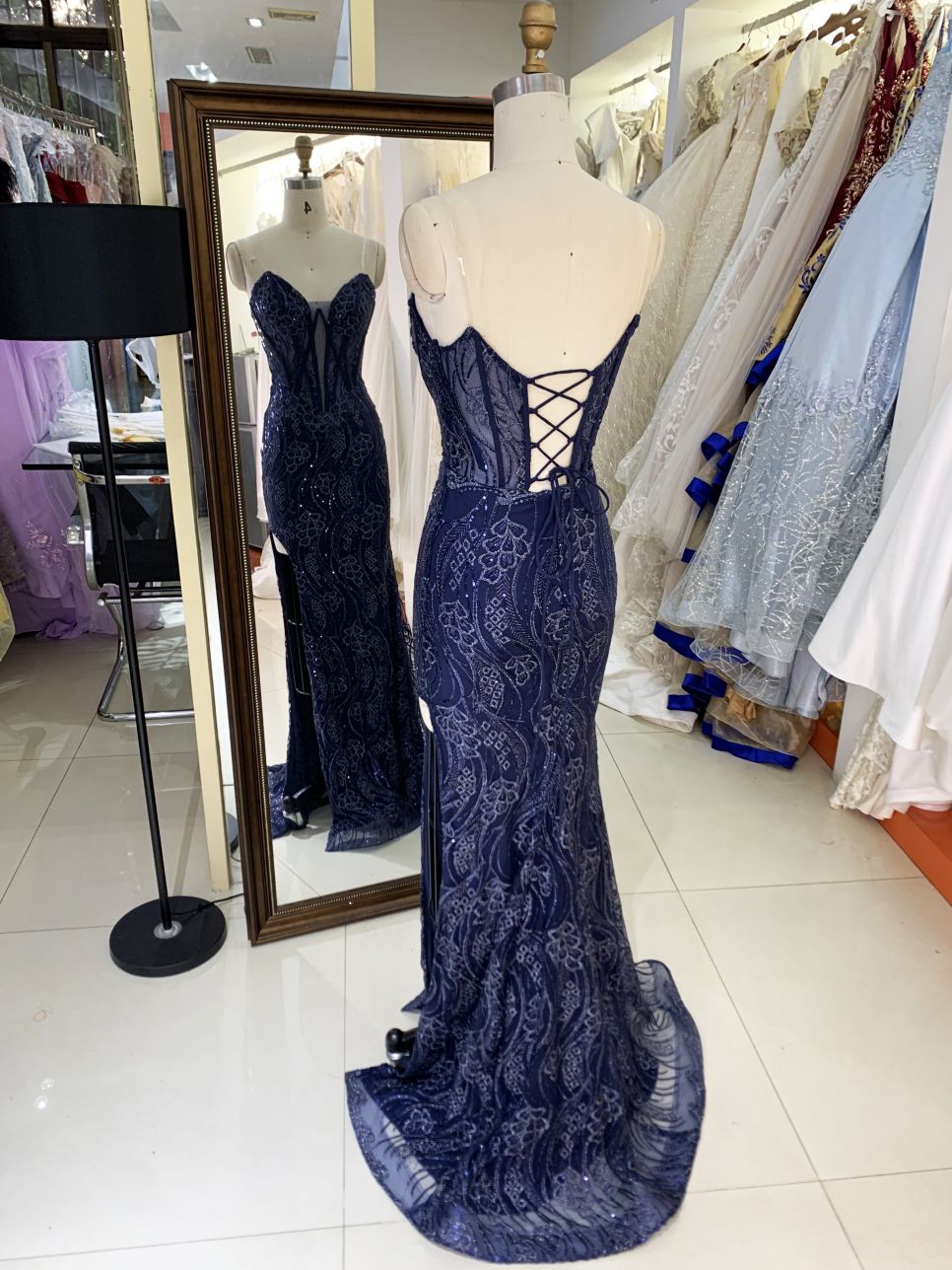 V-neck new boning navy embroidery luxurious lace up gown evening elegant prom dresses for women 2025