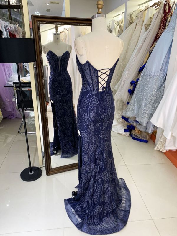 V-neck new boning navy embroidery luxurious lace up gown evening elegant prom dresses for women 2025