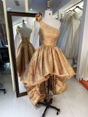 2025 New fashion design jacquard 3D flower ruffle skirt one shoulder party dress high-low princess evening dress