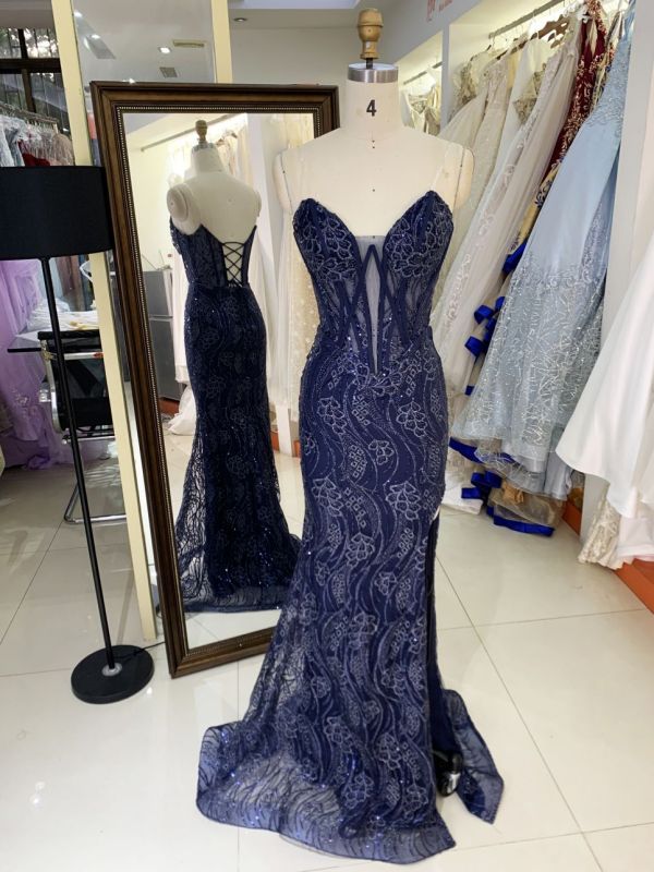 V-neck new boning navy embroidery luxurious lace up gown evening elegant prom dresses for women 2025