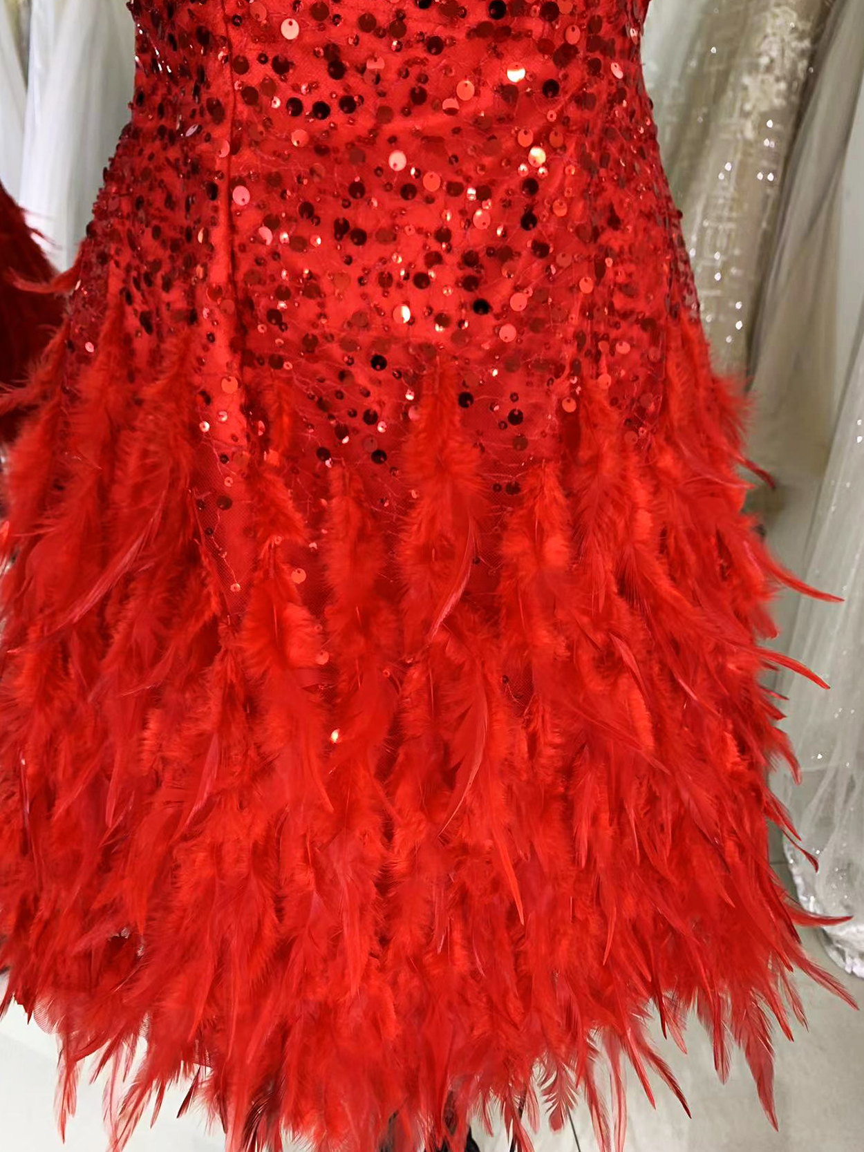Red zipper up back one shoulder sequin feather A line homecoming short evening party dresses women