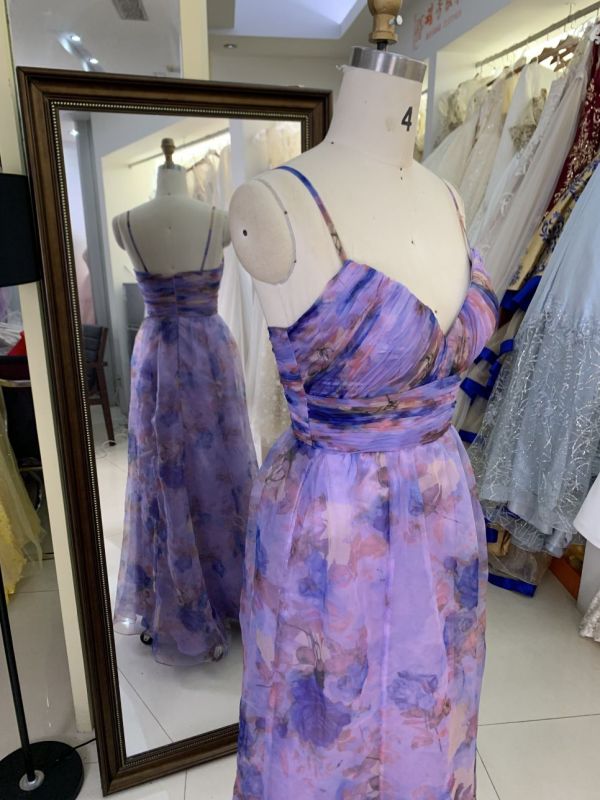 Flower strapless pleat printed organza purple wholesale long gowns evening prom dress for women 2025